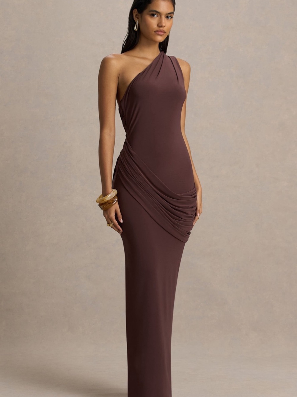 ELISA - BROWN ASYMMETRIC-NECK MAXI DRESS WITH OPEN-BACK AND RUCHED DETAILING - Picture 3 of 4